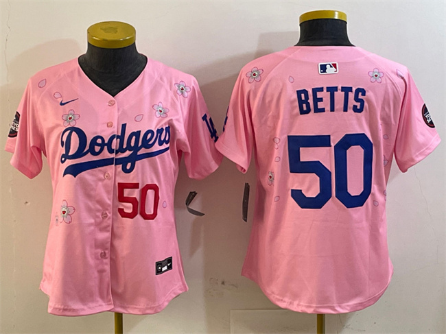 Personalized Women’s Los Angeles Dodgers #50 Mookie Betts Pink 2025 Tokyo Series Limited Stitched Baseball Jersey(Run Small)