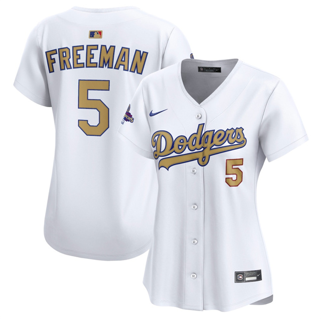 Personalized Women’s Los Angeles Dodgers #5 Freddie Freeman White 2025 Gold Collection Limited Stitched Baseball Jersey(Run Small)