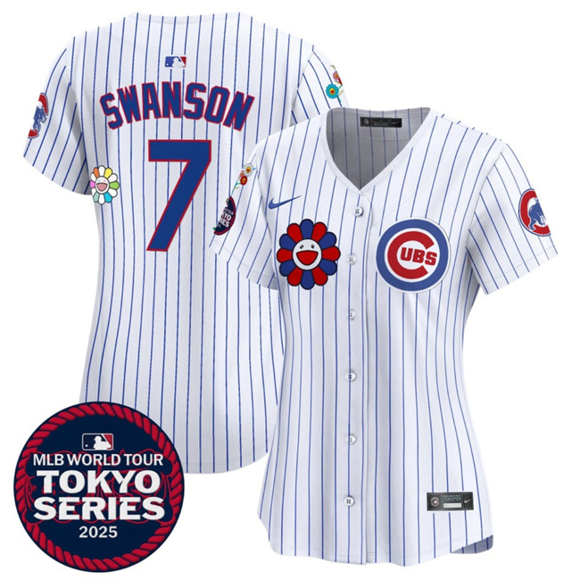 Personalized Women’s Chicago Cubs #7 Dansby Swanson White 2025 Tokyo Series Limited Stitched Baseball Jersey(Run Small)