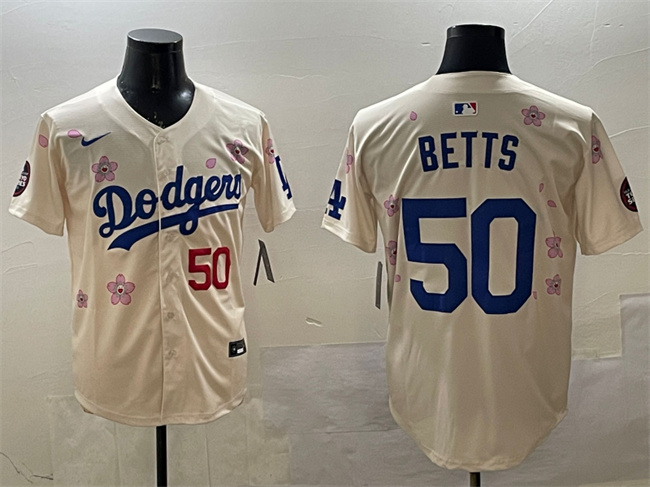 Personalized Men’s Los Angeles Dodgers #50 Mookie Betts Cream 2025 Tokyo Series Limited Stitched Baseball Jersey