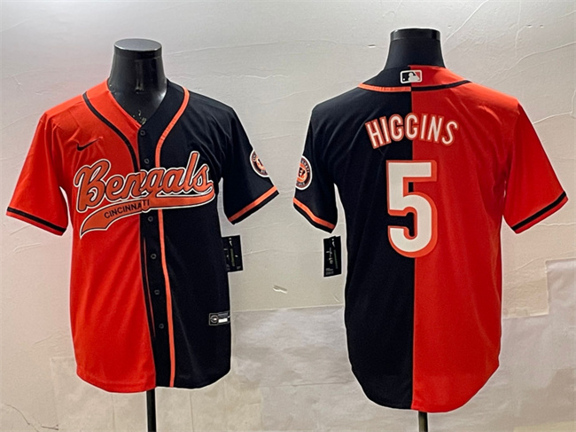 Personalized Men’s Cincinnati Bengals #5 Tee Higgins Orange Black Split With Patch Cool Base Stitched Baseball Jersey