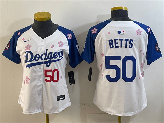 Personalized Women’s Los Angeles Dodgers #50 Mookie Betts White Royal 2025 Tokyo Series Limited Stitched Baseball Jersey(Run Small)