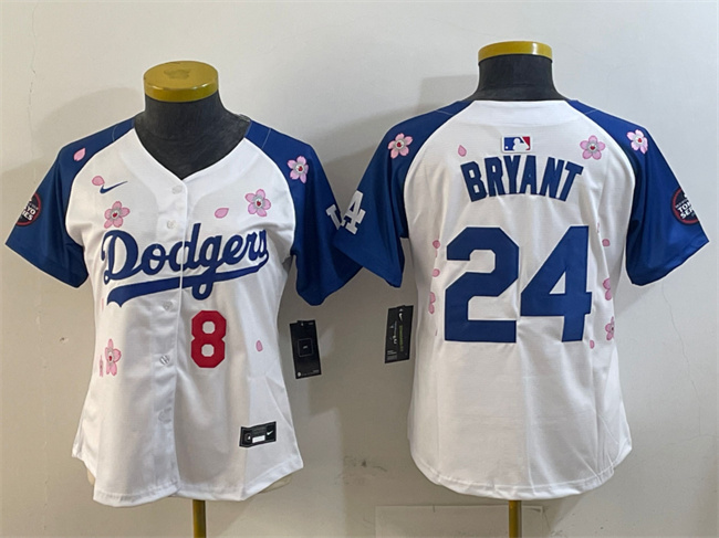 Personalized Youth Los Angeles Dodgers Front #8 Back #24 Kobe Bryant White Royal 2025 Tokyo Series Limited Stitched Baseball Jersey
