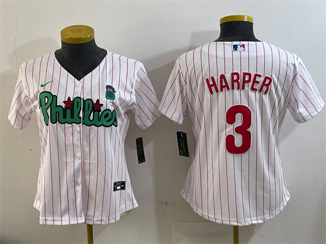 Personalized Women’s Philadelphia Phillies #3 Bryce Harper Phanatic White Stitched Baseball Jersey(Run Small)