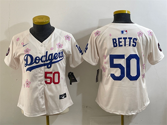 Personalized Women’s Los Angeles Dodgers #50 Mookie Betts Cream 2025 Tokyo Series Limited Stitched Baseball Jersey(Run Small)
