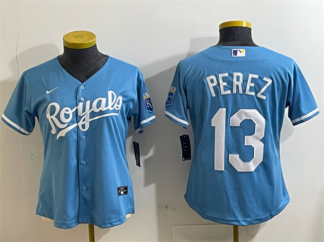 Personalized Women’s Kansas City Royals #13 Salvador Perez Light Blue Cool Base Stitched Jersey(Run Small)