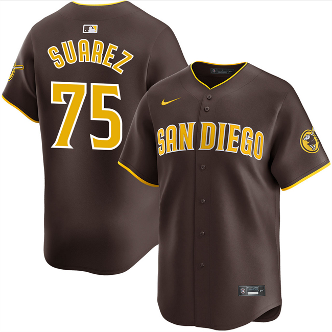 Personalized Men’s San Diego Padres #75 Robert Suarez Brown 2024 Away Limited Stitched Baseball Jersey