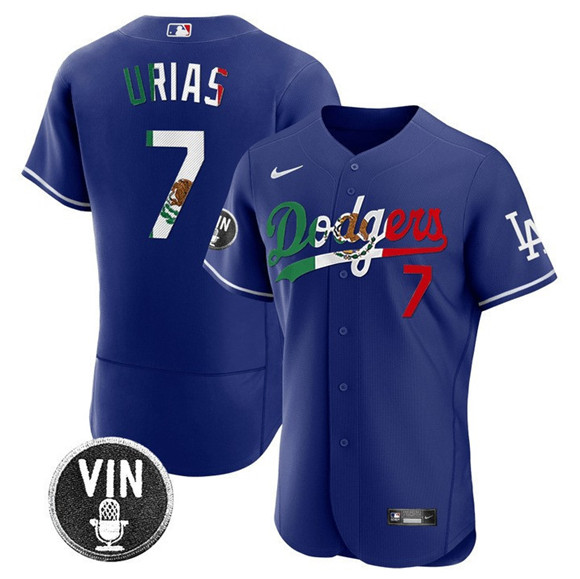 Personalized Men’s Los Angeles Dodgers #7 Julio Urias Royal Mexico Special Vin Scully Patch Flex Base Stitched Baseball Jersey