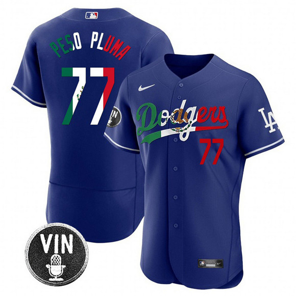 Personalized Men’s Los Angeles Dodgers #77 Pezo Pluma Royal Mexico Special Vin Scully Patch Flex Base Stitched Baseball Jersey