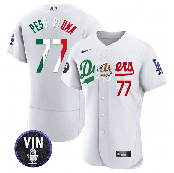 Personalized Men’s Los Angeles Dodgers #77 Pezo Pluma White Mexico Special Vin Scully Patch Flex Base Stitched Baseball Jersey