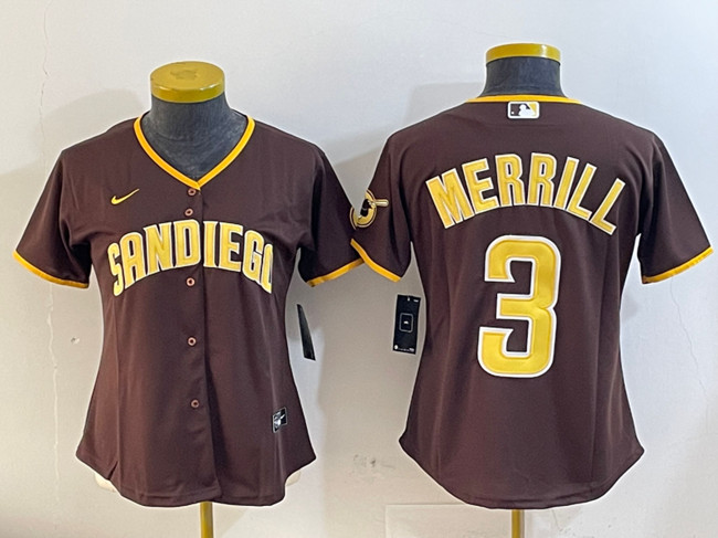 Personalized Women’s San Diego Padres #3 Jackson Merrill Brown Stitched Baseball Jersey(Run Small)
