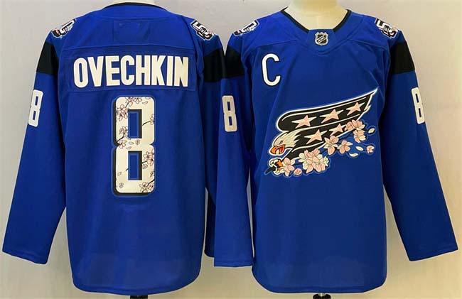 Personalized Men’s Washington Capitals #8 Alex Ovechkin Blue Cherry Blossom With C Patch Stitched Hockey Jersey