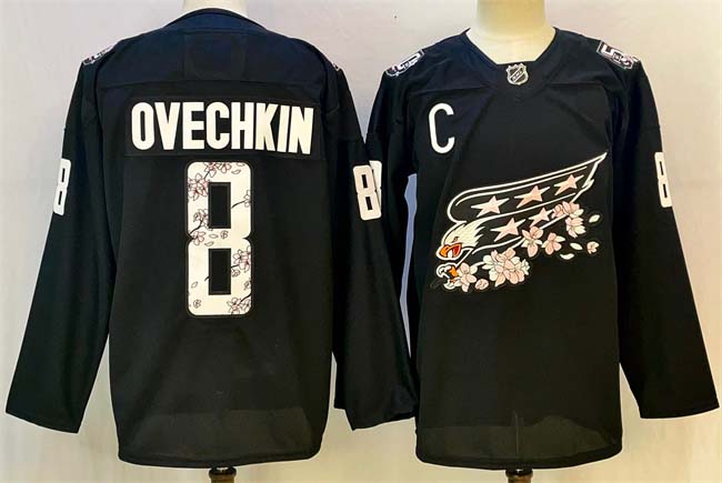 Personalized Men’s Washington Capitals #8 Alex Ovechkin Black Cherry Blossom With C Patch Stitched Hockey Jersey