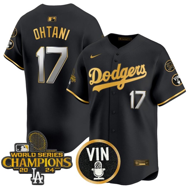 Personalized Men’s Los Angeles Dodgers #17 Shohei Ohtani Black Gold 2024 World Series Champions With Vin Scully & Fernando Patch Limited Stitched Baseball Jersey