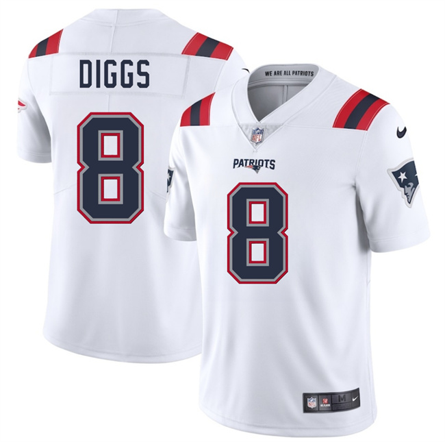 Personalized Men’s New England Patriots #8 Stefon Diggs White 2025 Limited Stitched Football Jersey