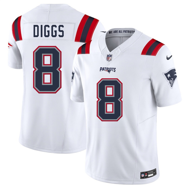 Personalized Men’s New England Patriots #8 Stefon Diggs White 2025 F.U.S.E. Limited Stitched Football Jersey