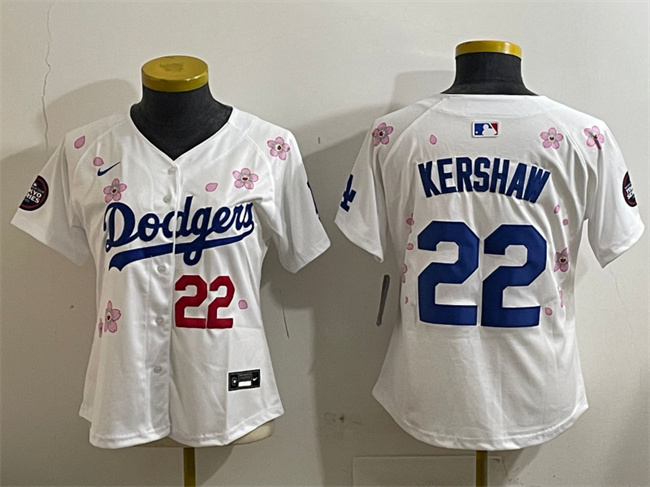 Personalized Women’s Los Angeles Dodgers #22 Clayton Kershaw White 2025 Tokyo Series Limited Stitched Baseball Jersey(Run Small)