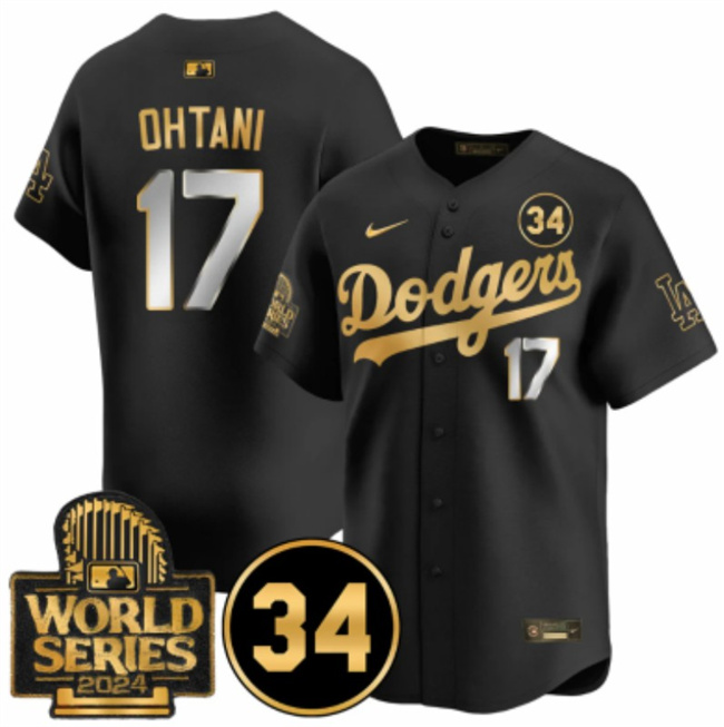 Personalized Men’s Los Angeles Dodgers #17 Shohei Ohtani Black Gold 2024 World Series & #34 Fernando Patch Limited Stitched Baseball Jersey