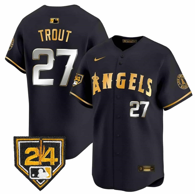 Personalized Men’s Los Angeles Angels #27 Mike Trout Black Gold 2024 Spring Training Patch Limited Stitched Baseball Jersey