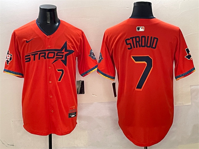 Personalized Men’s Houston Astros #7 C.J. Stroud Orange 2025 City Connect With Texas Patch Limited Stitched Baseball Jersey