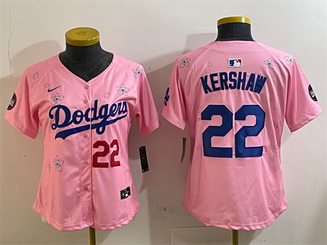 Personalized Youth Los Angeles Dodgers #22 Clayton Kershaw Pink 2025 Tokyo Series Limited Stitched Baseball Jersey