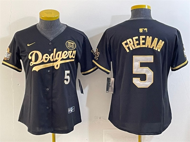 Personalized Youth Los Angeles Dodgers #5 Freddie Freeman Black Gold 2024 World Series With Fernando Patch Limited Stitched Baseball Jersey