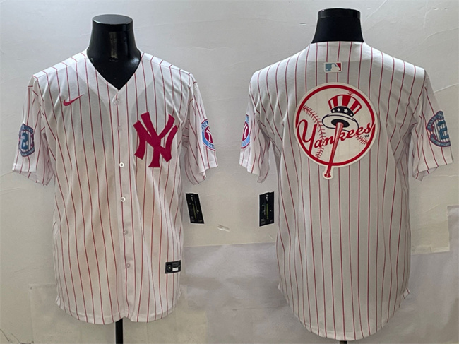 Personalized Men’s New York Yankees Team Big Logo Pink With Patch Limited Stitched Baseball Jersey 001