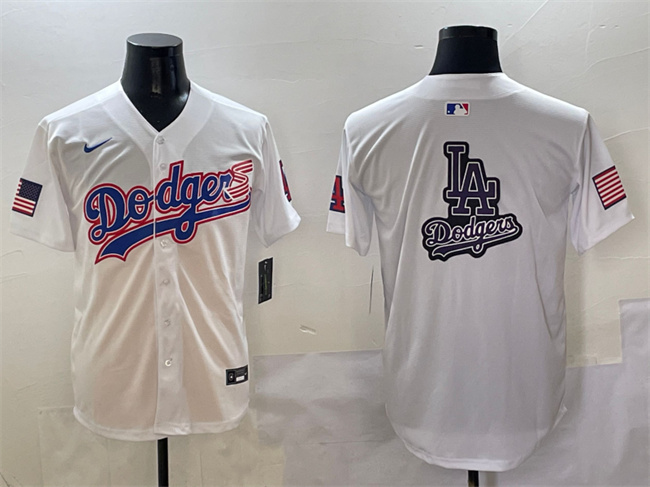 Personalized Men’s Los Angeles Dodgers Team Big Logo White With American Flag Patch Limited Stitched Baseball Jersey 1