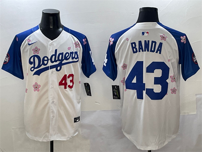 Personalized Men’s Los Angeles Dodgers #43 Anthony Banda White Royal 2025 Tokyo Series Limited Stitched Baseball Jersey