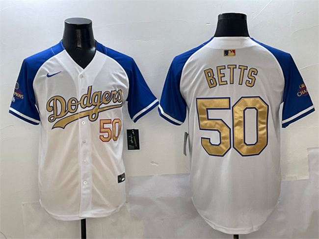 Personalized Men’s Los Angeles Dodgers #50 Mookie Betts White Royal Gold 2024 World Series Champions Limited Stitched Baseball Jersey