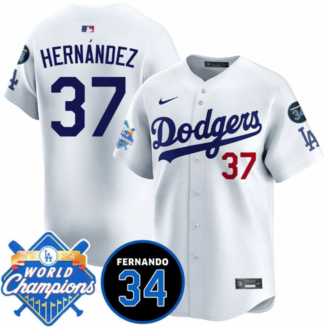 Personalized Men’s Los Angeles Dodgers #37 Teoscar Hernandez White 2024 World Champions & Fernando Memorial Patch Premier Home Limited Stitched Baseball Jersey