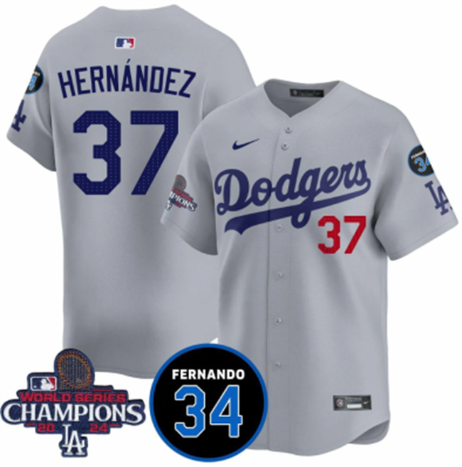 Personalized Men’s Los Angeles Dodgers #37 Teoscar Hernandez Gray 2024 World Series Champions With Fernando Memorial Patch Premier Limited Stitched Baseball Jersey