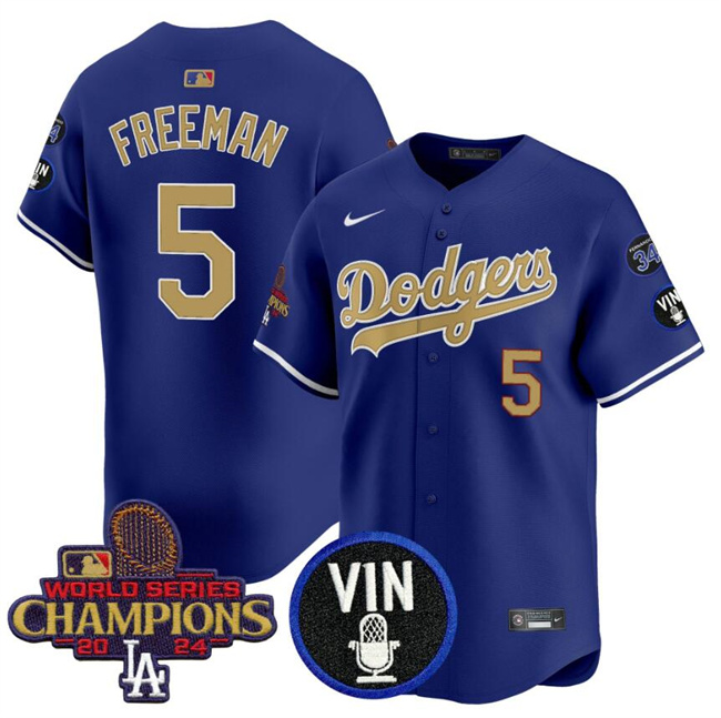 Personalized Men’s Los Angeles Dodgers #5 Freddie Freeman Royal Gold 2024 World Series Champions With Vin Scully & #34 Fernando Patch Limited Stitched Baseball Jersey