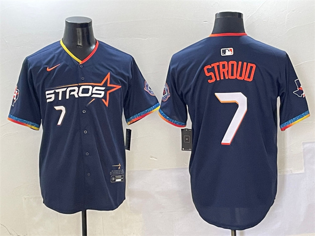 Personalized Men’s Houston Astros #7 C.J. Stroud Navy 2025 City Connect With Texas Patch Limited Stitched Baseball Jersey