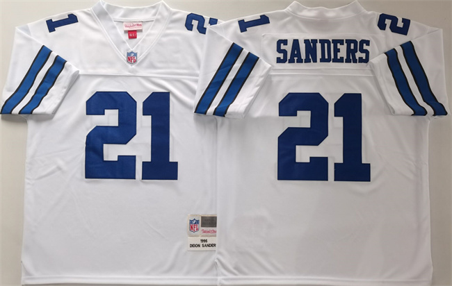 Personalized Men’s Dallas Cowboys #21 Deion Sanders White Throwback Stitched Football Jersey
