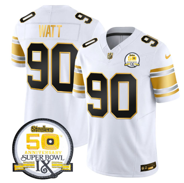 Personalized Men’s Pittsburgh Steelers #90 T.J. Watt White Gold Stitched Limited Jersey