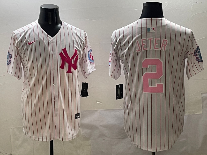 Personalized Men’s New York Yankees #2 Derek Jeter Pink With Patch Limited Stitched Baseball Jersey
