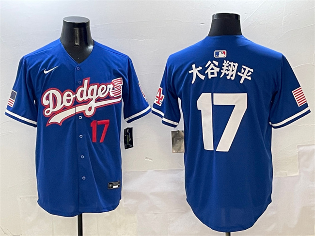 Personalized Men’s Los Angeles Dodgers #17 Shohei Ohtani Royal With American Flag Patch Limited Stitched Baseball Jersey