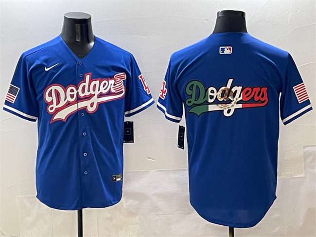 Personalized Men’s Los Angeles Dodgers Team Big Logo Royal With American Flag Patch Limited Stitched Baseball Jersey