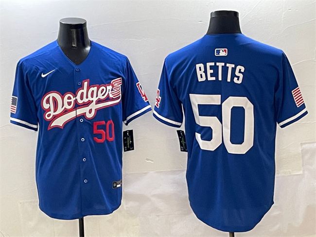 Personalized Men’s Los Angeles Dodgers #50 Mookie Betts Royal With American Flag Patch Limited Stitched Baseball Jersey