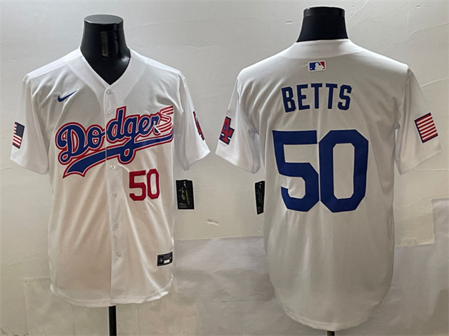 Personalized Men’s Los Angeles Dodgers #50 Mookie Betts White With American Flag Patch Limited Stitched Baseball Jersey