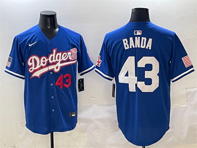 Personalized Men’s Los Angeles Dodgers #43 Anthony Banda Royal With American Flag Patch Limited Stitched Baseball Jersey