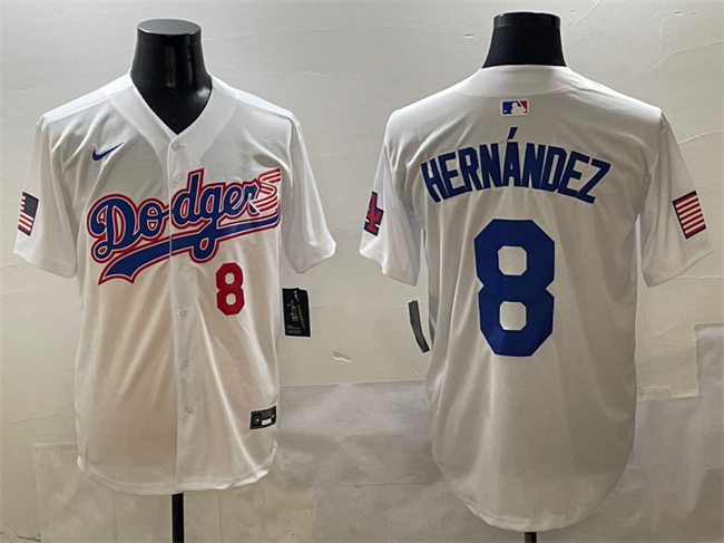 Personalized Men’s Los Angeles Dodgers #8 Enrique Hernandez White With American Flag Patch Limited Stitched Baseball Jersey