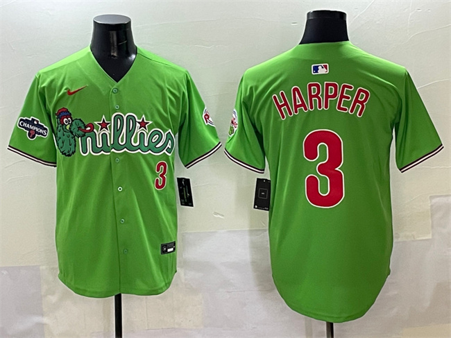 Personalized Men’s Philadelphia Phillies #3 Bryce Harper Light Green Phanatic With 2024 Division Champions Patch Limited Stitched Jersey