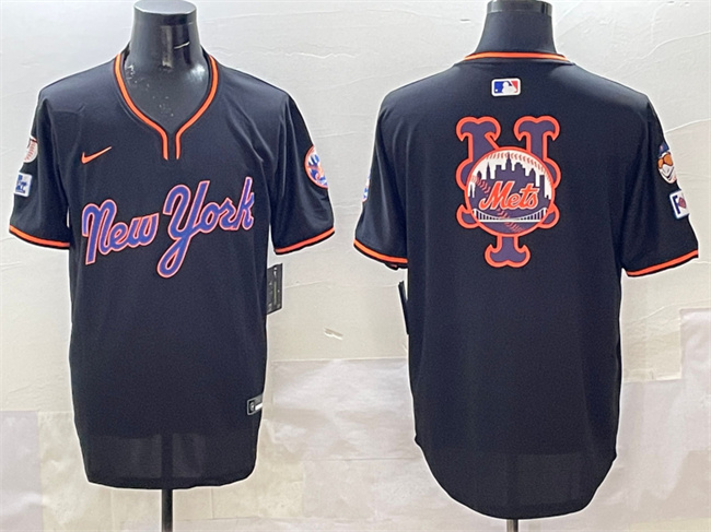 Personalized Men’s New York Mets Team Big Logo Black 2025 Spring Training Stitched Baseball Jersey