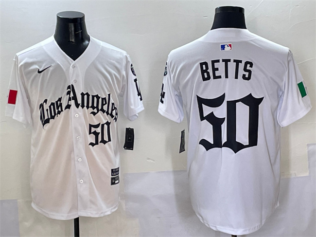 Personalized Men’s Los Angeles Dodgers #50 Mookie Betts White Mexico 2025 LA Gothic Style With Fernando Patch Premier Limited Stitched Baseball Jersey
