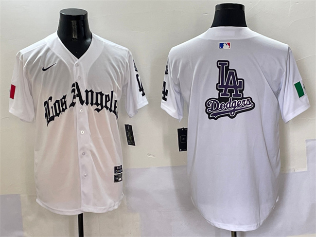 Personalized Men’s Los Angeles Dodgers Team Big Logo White Mexico 2025 LA Gothic Style With Fernando Patch Premier Limited Stitched Baseball Jersey 002