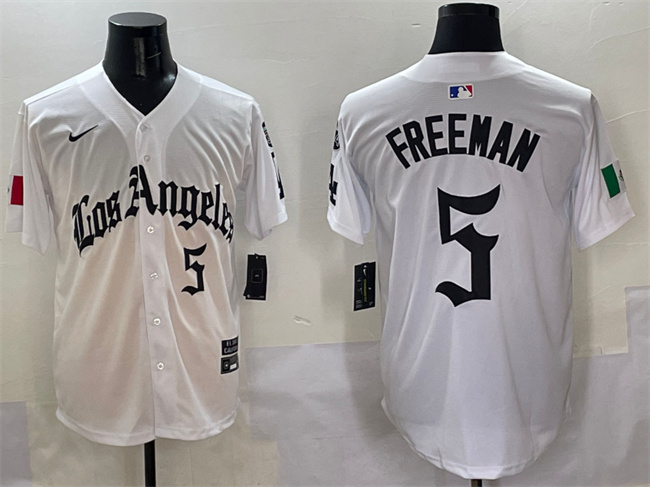 Personalized Men’s Los Angeles Dodgers #5 Freddie Freeman White Mexico 2025 LA Gothic Style With Fernando Patch Premier Limited Stitched Baseball Jersey