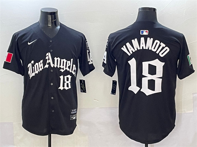 Personalized Men’s Los Angeles Dodgers #18 Yoshinobu Yamamoto Black Mexico 2025 LA Gothic Style With Fernando Patch Premier Limited Stitched Baseball Jersey