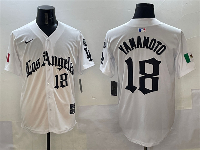 Personalized Men’s Los Angeles Dodgers #18 Yoshinobu Yamamoto White Mexico 2025 LA Gothic Style With Fernando Patch Premier Limited Stitched Baseball Jersey